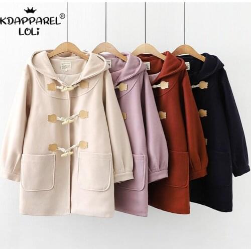 Preppy Style Women Coat With Horn Buttons Sweet Girls Teens Students Woolen Hooded Jacket Solid Female Spring Autumn Winter New