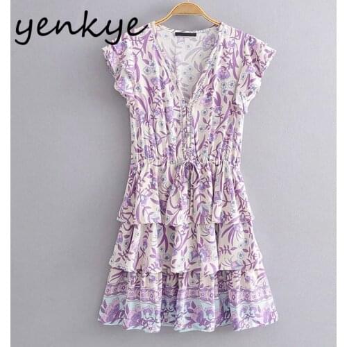 YENKYE Vintage Floral Print Layered Ruffle Dress Women V Neck Butterfly Sleeve Summer Vestido Mujer Drawstring Waist Short Robe