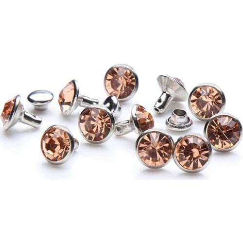 100Sets 6mm&8mm Light Peach Crystal Rhinestone Rivets Studs Silver Metal Base for Clothing Bag Leathercraft Rivet