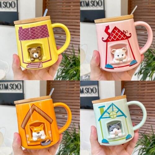 3D Three-dimensional Embossed Animal Ceramic Coffee Mug With Lid Spoon Suitable for Christmas present Gift Ever Birthday Gift