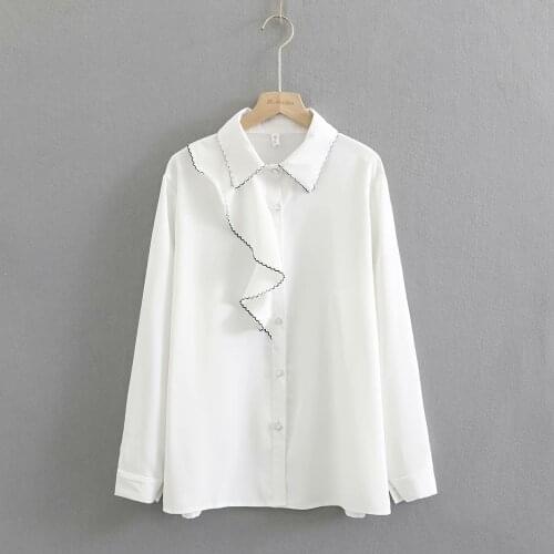 Plus size black white ruffles women loose blouse 2021 new spring autumn turn-down collar ladies soft shirts female tops oversize