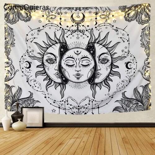 Sun Moon Face Mandala Large Tapestry Wall Hanging Cloth Wall Decor Bedroom Living Room Bohemian Black White Pendant Mural