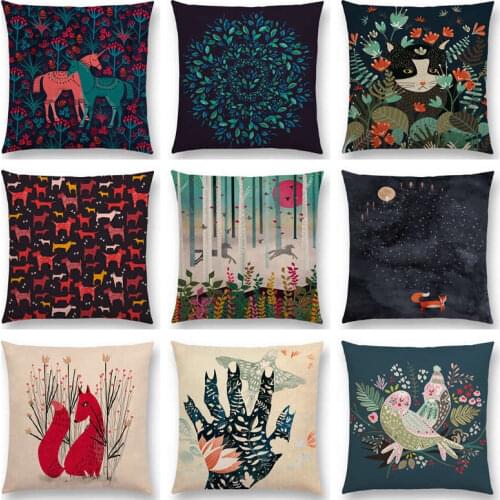 Animal Tale Spring Floral Garden Pattern Bear Fox Unicorn Bear Bird Flower Leaf Fantasy Beautiful Cushion Cover Sofa Pillow Case
