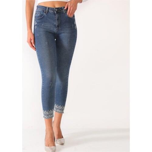 Women, Jeans, High Waist, Lycra, Embroidered, Sequined, Slim Fit, Flexible, Dark Blue, Solid Color, Full Length, Cotton Denim Tr