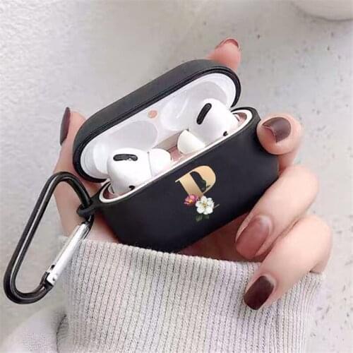 Floral Initial Alphabet Letters Black Silicone AirPod pro Case For Apple Air Pods Pro Protective Charging Box For AirPods 3 Case