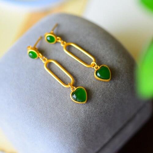 Natural Hetian Jade Green Jade Long Earrings S925 Sterling Silver Heart-Shaped Long Earrings Personality Fashion Ear Jewelry Wom