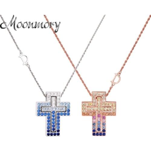 Moonmory 925 Sterling Silver CZ Full Stone Double Blue Crystal Cross Necklace Jesus Cross Necklace For Boys And Girls Jewelry