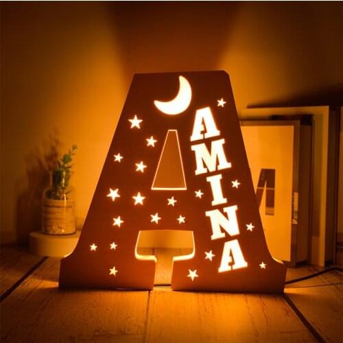 Custom Name Wall Decor LED Night Light 24 Letter Hollow With Stars Moon For Couples Kids Bedroom Decor Personalized Wooden Lamp