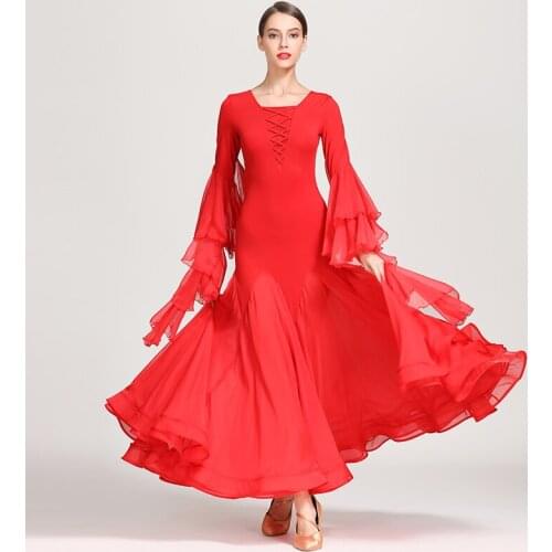 New! Professional Ballroom Dance Dresses Women Black Red Nylon Ice Silk Waltz Tango Adult Competition Dress Costume DL3357