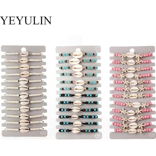 Bohemian 12pcs/lot Shell Charms Braided Bracelet For Women Child Crystal Bead Adjustable Rope Chain Anklet Jewelry
