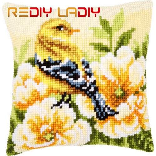 Cross Stitch Cushion Birds with Flower Make Your Own Pillow Chunky Cross Stitch Kit Pre-Printed Canvas Acrylic Yarn Pillow Case