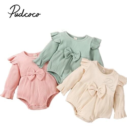 Newborn Baby Girls Ribbed Playsuit, Baby Girls Solid Color Long Sleeve Round Neck Romper with Bow