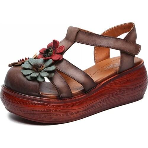 Women Shoes Summer 2021 New Platform Sandals Hook & Loop Genuine Leather Footwear Casual Retro Flower Handmade Ladies Sandals