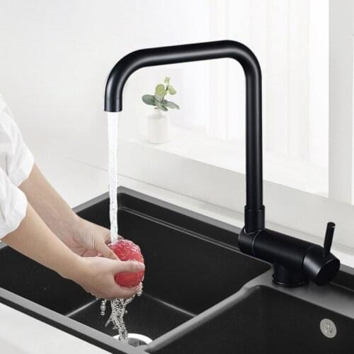 Kitchen Sink Faucet 304 Stainless Steel Hot & Cold Mixer Foldable Rotating Single Handle Deck Mount Tap Splash Proof Water Black
