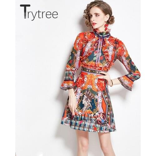 Trytree 2021 Spring Summer Womens Dress Casual Bow Ribbon Stand Collar Flare Sleeve Fashion Printed Elegant High Street Dress