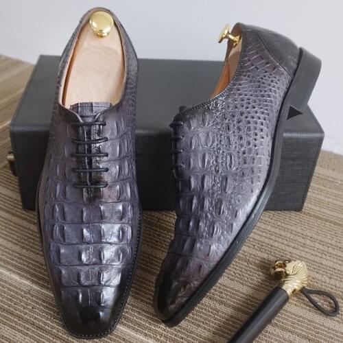 Luxury Men Oxford Shoes Lace up Square Toe Gray Casual Men Dress Shoes Wedding Office Crocodile Prints Formal Leather Shoes Men