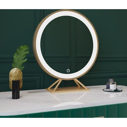 Mirror With Light Nordic Dressing Mirror Gold Round Decorative Mirrors Home Decor Desktop Seat Espejo LED Light Makeup Mirrors