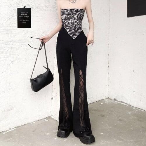 High Waist Flare Pants For Women Fashion Black Lace Retro Spice Girl Street Casual Pants Slim Long Trouser Womens Bell Bottom