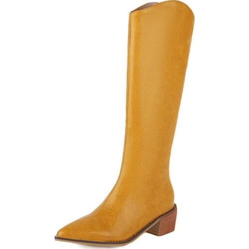 PU Leather Women Knee High Boots Comfortable Thick Heel Ladies Winter Boots Fashion Pointed Toe Side Zipper Women Boots Big Size