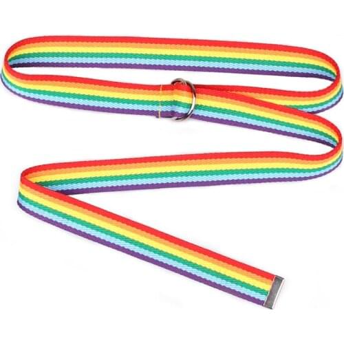 Korean Fashion Double Buckle Belt for Women Harajuku Streetwear Rainbow Canvas Waistband Ulzzang Female Long Waist Belts 150cm