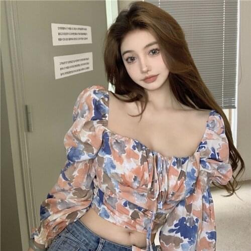 Summer Clothes For Women 2021 Korean Style Puff Sleeve Square Neck Floral Lace Up Cute Sexy Crop Top Vintage Ladies Blouses