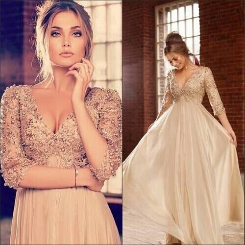 Custom-made hot party gown pearls beading sexy v-neck vestido de renda long beach evening 2018 new mother of the bride dresses