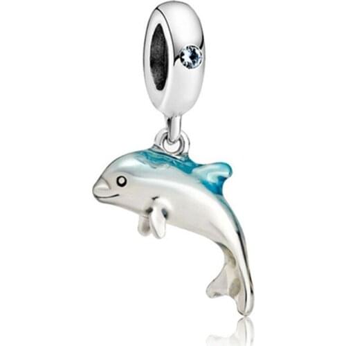 1Pcs New Cute Blue Dolphin Pendant DIY Beads Suitable for Original Pandora Charm Bracelet Ladies Jewelry Making Gifts