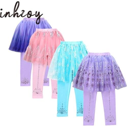 Ballet Leggings Kids Girls Dance Pants Cotton Snowflake Rhombus Print Mesh Tutu Skirt Pants Gymnastics Practicing Dance Leggings