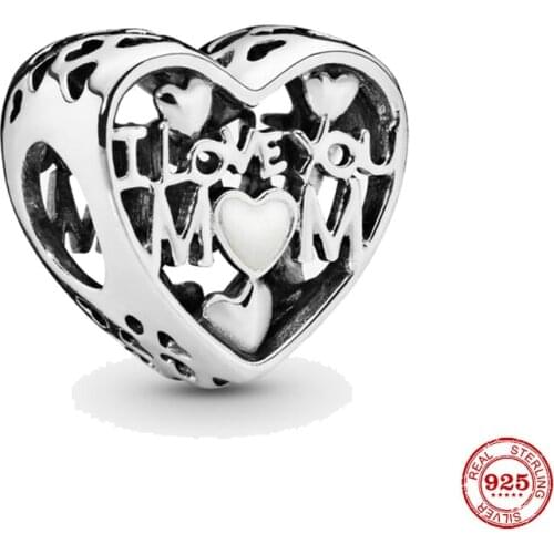 New Silver Color " i love you mom" Love Heart Beads Fit Original Pandora Charm Bracelet Women Diy Jewelry Making