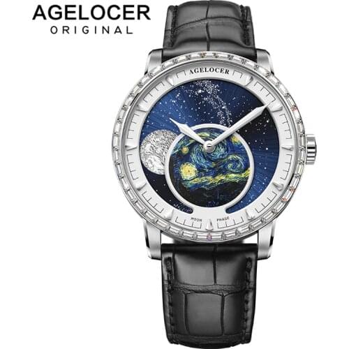 AGELOCER 2020 Swiss Fashion Mens Watches Moonphase WristWatch Mechanical Clock Blue Watch Men Waterproof Dress Relogio Masculino