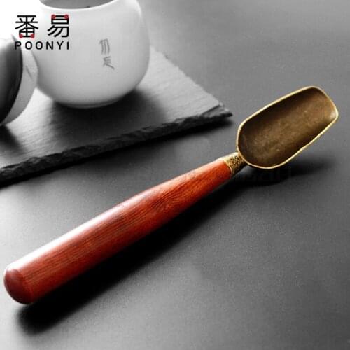 Black sandalwood teaspoon teaspoon single small Japanese bamboo long handle pure copper spoon tea shovel tea solid wood tea set