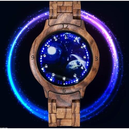 Retro Wood Watch Fashion LED Light Touch Screen Electronic Watch for Men Women Blue Starry Dial Full Wooden Bracelet Wristwatch