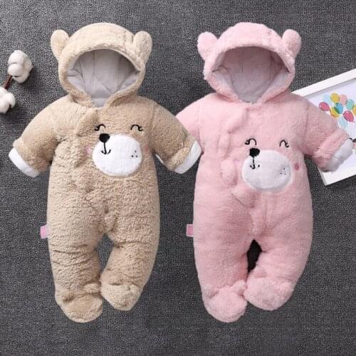 Baby Onesies Plush Boy Girl Bodysuit Cartoons Cute Bear Hooded Fleece Infant Clothes Long Sleeve Infant Warm Winter Romper