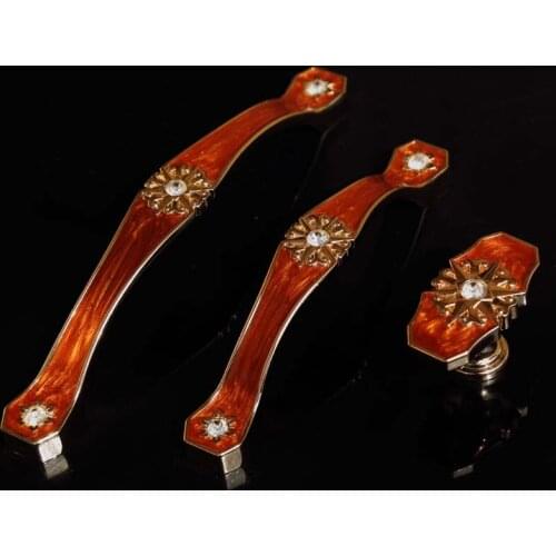European fashion deluxe furniture handles glass crystal rhinestone drawer cabinet knobs pull gold amber red dresser handle 128mm