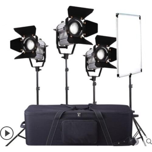 Photography 3pcs 150W Dimmer LED Studio Video Fresnel Spotlight with Wireless Remote+Light Stand+Carry Bag+Flag Reflector