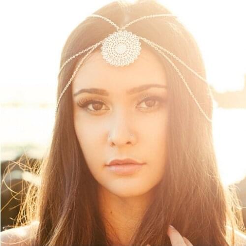 Indian Gypsy Beach color Metal Head Chain Forehead Tassel Flower Hairband Wedding Headband Hair Accessories Jewelry For Women