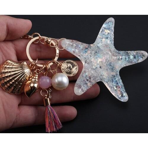 KOMi Hot New Cartoon Sea World Starfish Pearl Shell Keychain Key Chain KeyRing Crystal Pendant Keychain Women Gift A40417