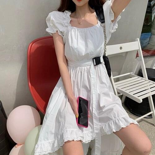 Korean Elegant Casual Women Summer Dress Female Square Collar Vintage Puff Sleeve Irregular Lace Splice Midi Long Dress Vestidos