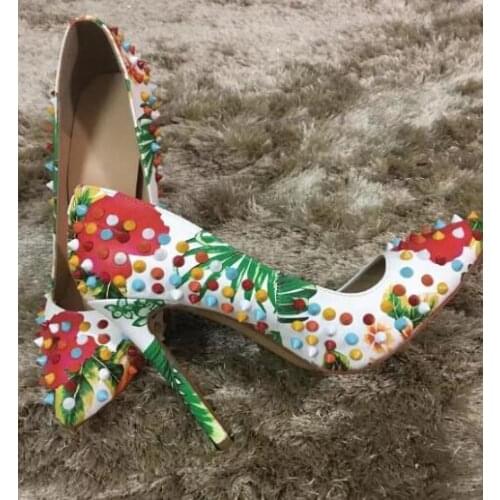 Colorful Rivets High Heel Pumps Lady Sexy Floral Printed Leather Dress Shoes Fashion Stiletto Heels Pointed Toe Party Shoes