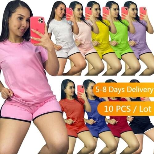 Bulk Items Wholesale Lots Summer Casual Tracksuit Women T Shirt and Biker Shorts Set Sportswear Color Patchwork Matching Sets