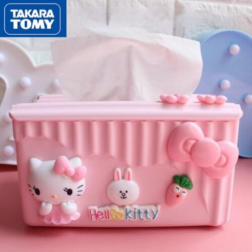 TAKARA TOMY Cute Cartoon Hello Kitty Desktop Tissue Box Simple Plastic Material Desktop Household Pumping Tray