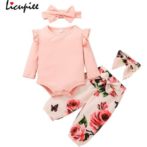 0-24 Months Fashion Babys Sets Baby Girls 4pcs Fall Outfits, Long Sleeve Solid Ruffle Romper + Floral Pants + Headbands Set