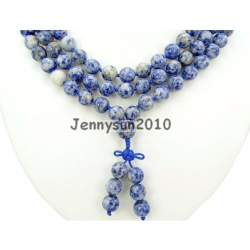 Natural Blue Spot 10mm Gems Stone Buddhist 108 Beads Prayer Mala Knot Necklace Multi-Purpose 5Strands/Pack