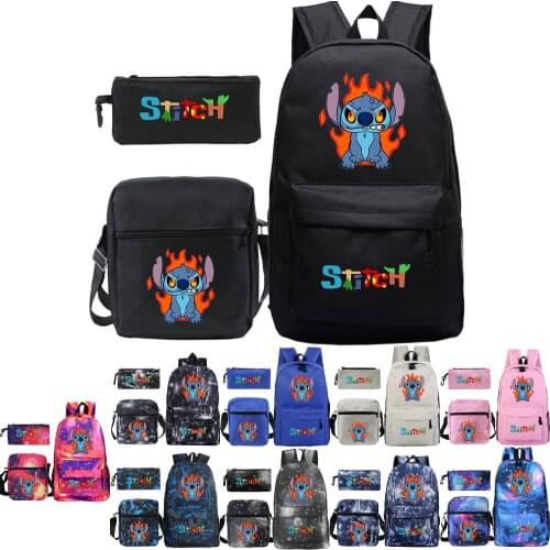 2021 New Stitch Angry Cartoon Print Elementary School Backpack Set Student Schoolbag+Shoulder Bag+Pencil Case Three-Piece Set