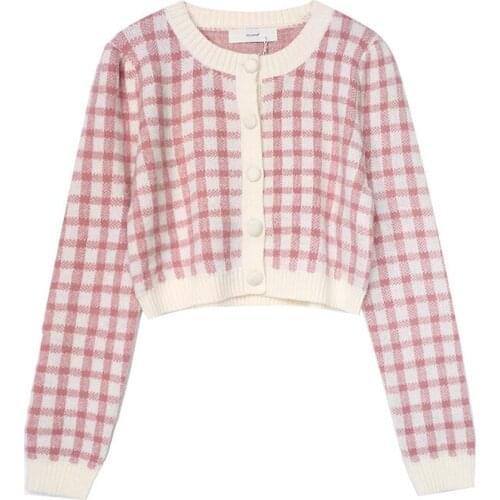 New BM Girl Fashion Vintage Plaid Sweater O Neck Long-sleeved Knitted Cardigan Top Outwear Casual Slim Single-breasted Knitwear