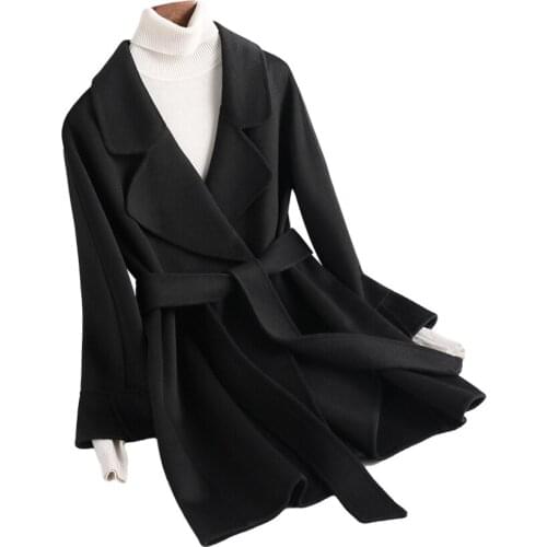 Single Breasted Black Red Winter Women Woolen Outerwear Female Korea Style Belt Classic Turn Down Collar OL Cashmere Overcoating