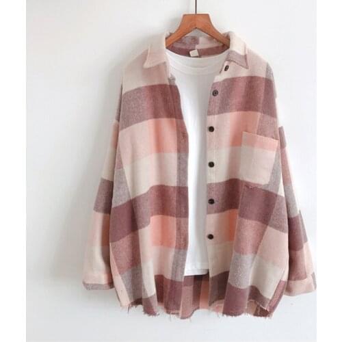 Wool Thicken Warm Women Plaid Shirts Loose Turn-Down Collar Long-Sleeved Casual All Match Female Outwear Coats Tops