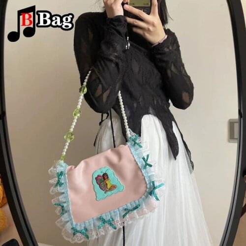 Womens Girl shoulder bag bow lace Handbag pink lovely Y2K female underarm Bag Millennium messenger bag Lolita Satchel