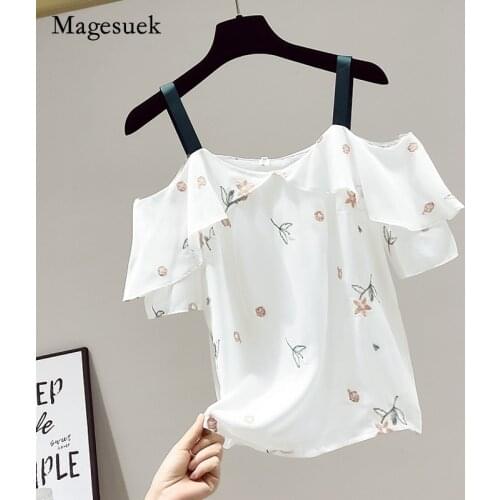 Summer Korean Ruffle Embroidery Print White Women Shirt Chiffon Blouse for Women Sweet Off Shoulder Sling Top Blusa 15140