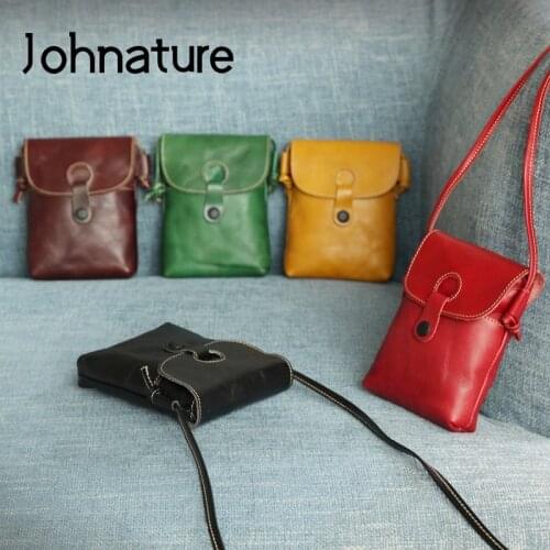 Johnature Ladies Mini Bags 2021 New Genuine Leather Handmade Women Shoulder Bags Vintage Cowhide Solid Color Mobile Phone Bag